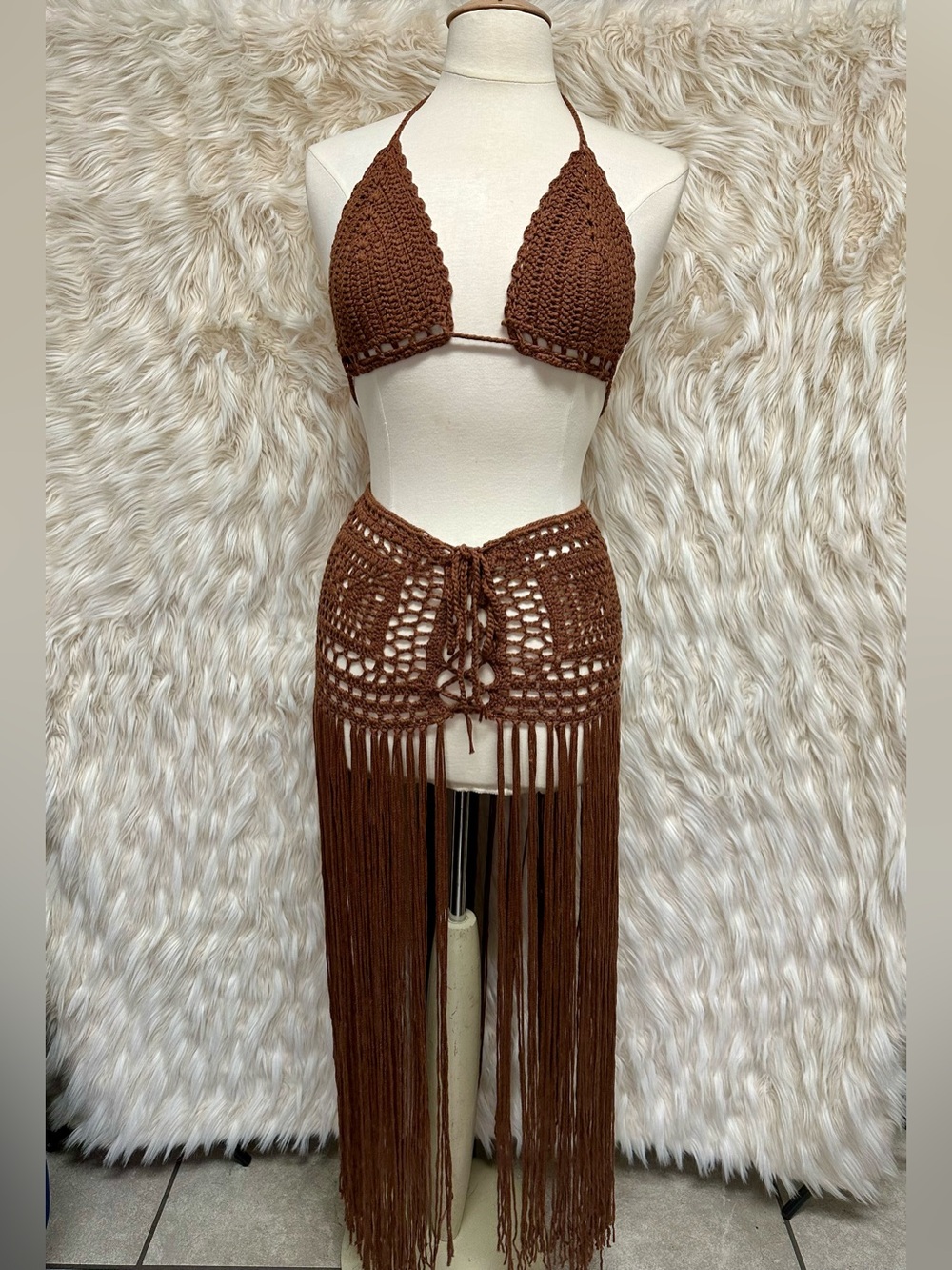 Handmade Crochet Bikini Top & Fringe Skirt Cover-Up Set